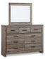 Zelen Queen Panel Bed with Mirrored Dresser and Chest