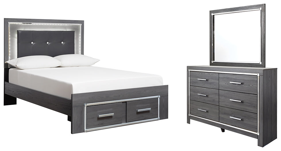 Lodanna Full Panel Bed with 2 Storage Drawers with Mirrored Dresser