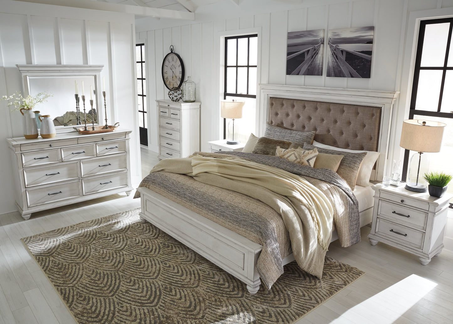 Kanwyn Queen Panel Bed with Mirrored Dresser, Chest and 2 Nightstands