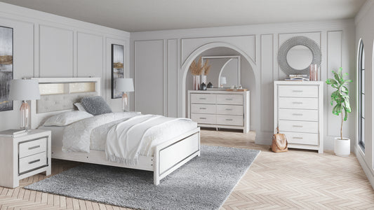 Altyra Queen Panel Bookcase Bed with Mirrored Dresser and Chest