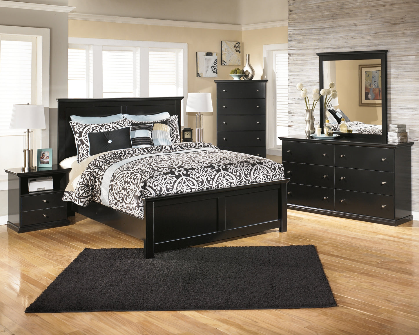 Maribel King Panel Bed with Mirrored Dresser, Chest and 2 Nightstands