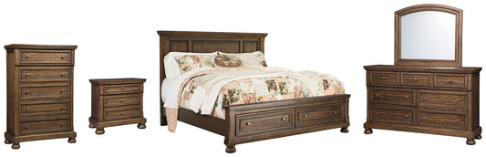 Flynnter King Panel Bed with 2 Storage Drawers with Mirrored Dresser, Chest and Nightstand