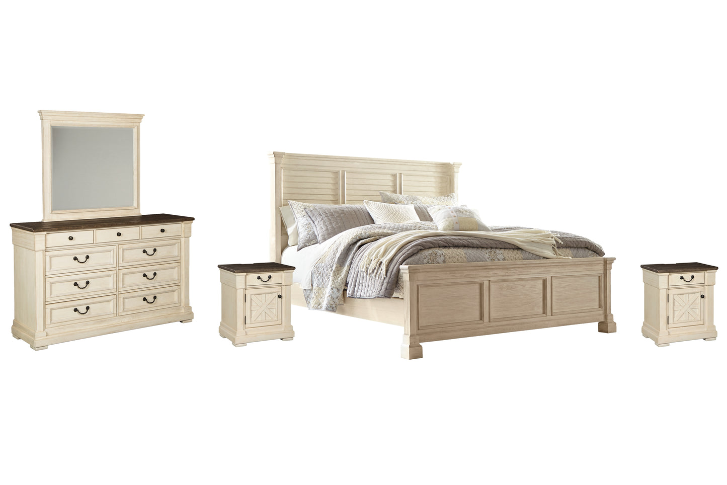 Bolanburg King Panel Bed with Mirrored Dresser and 2 Nightstands