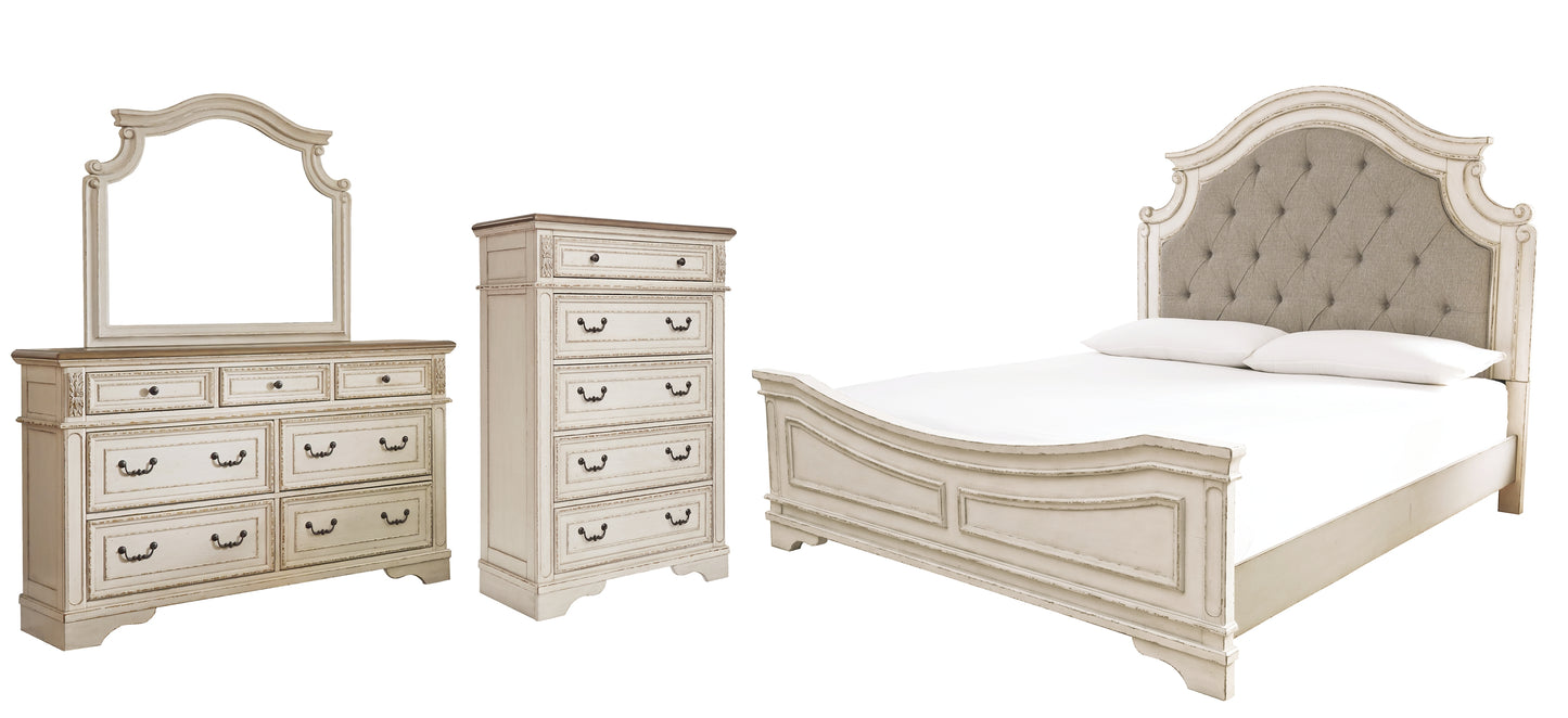 Realyn  Upholstered Panel Bed With Mirrored Dresser And Chest