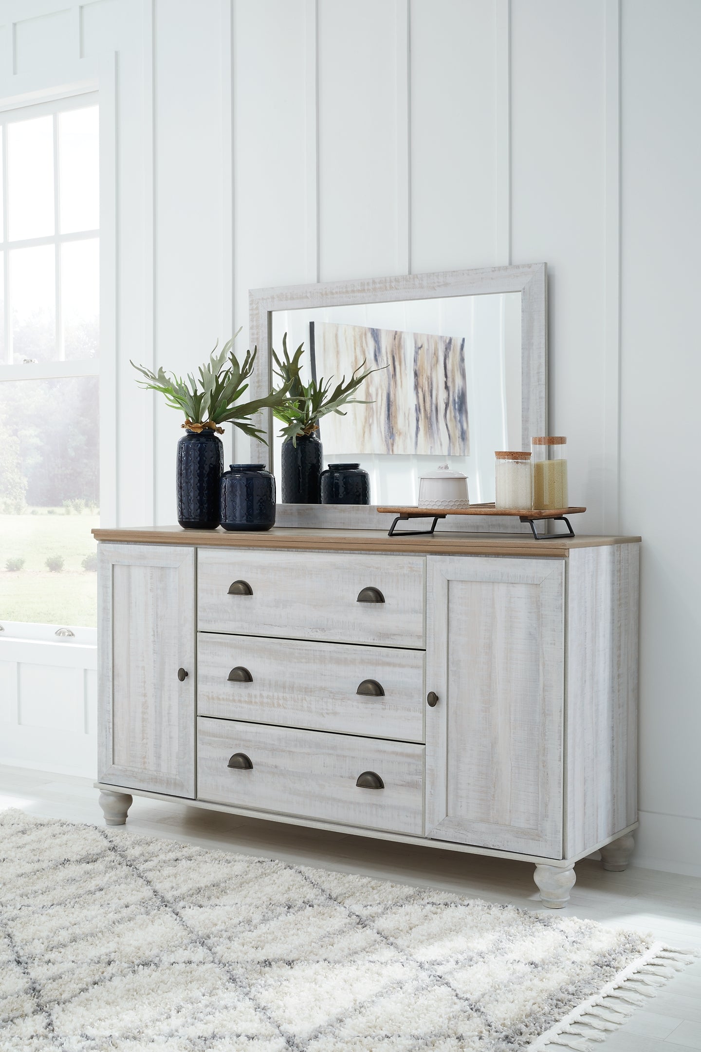 Haven Bay Queen Panel Bed with Mirrored Dresser and Chest