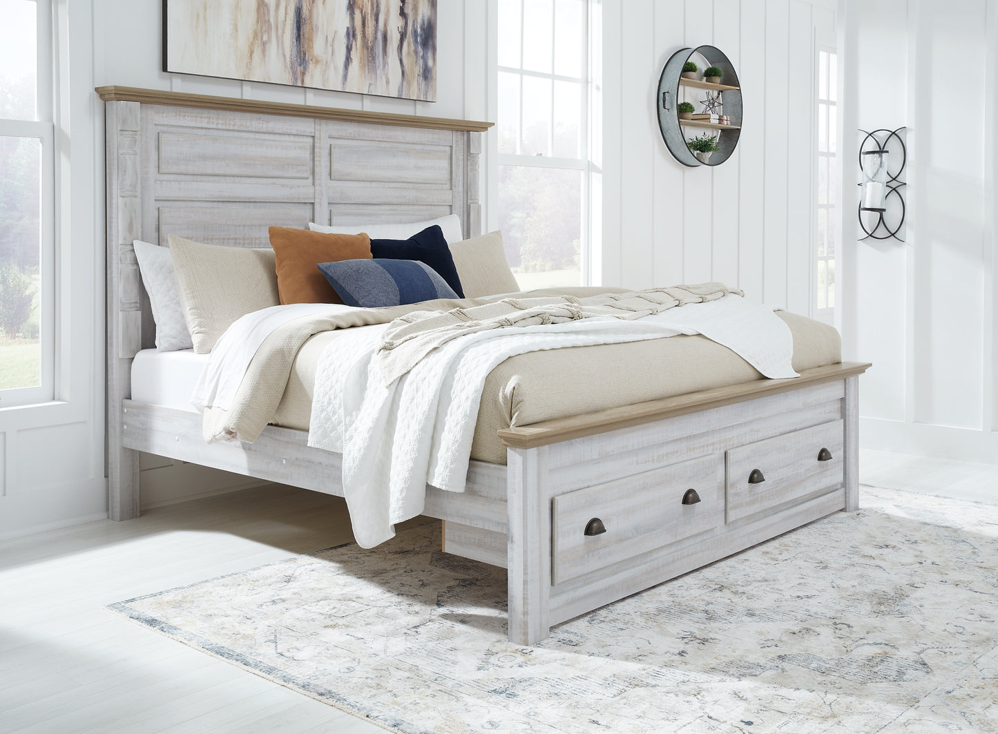 Haven Bay King Panel Storage Bed with Mirrored Dresser, Chest and 2 Nightstands