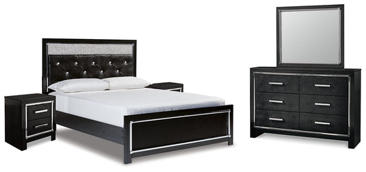 Kaydell Queen Upholstered Panel Bed with Mirrored Dresser and 2 Nightstands