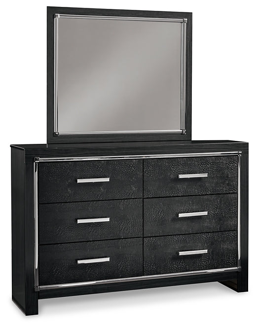 Kaydell Queen Upholstered Panel Headboard with Mirrored Dresser, Chest and 2 Nightstands