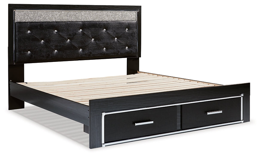 Kaydell King Upholstered Panel Storage Platform Bed with Mirrored Dresser, Chest and 2 Nightstands