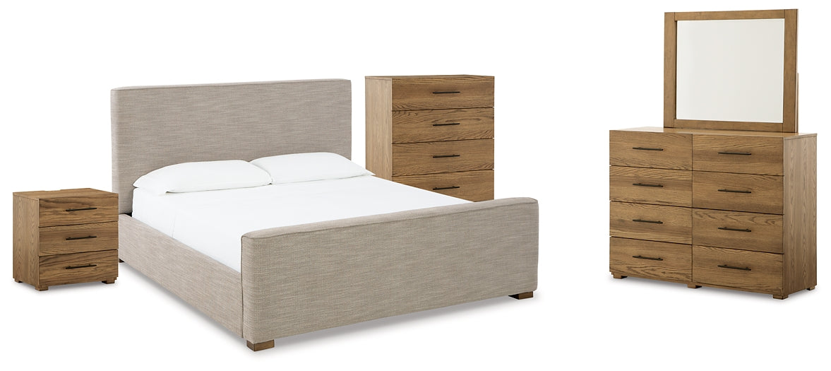 Dakmore King Upholstered Bed with Mirrored Dresser, Chest and Nightstand