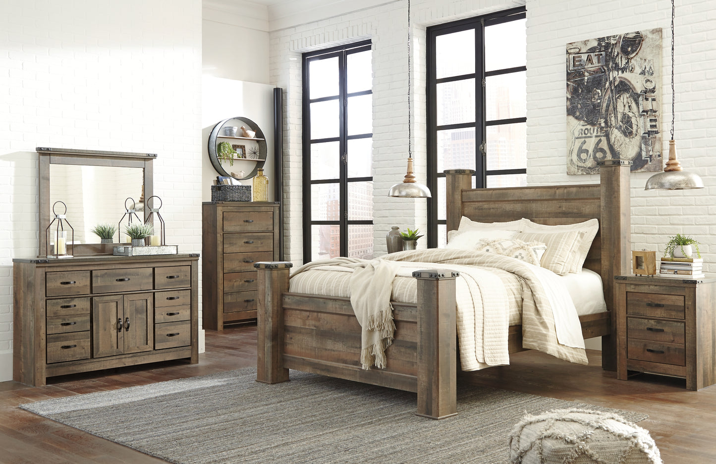 Trinell Queen Poster Bed with Dresser, Chest and Nightstand