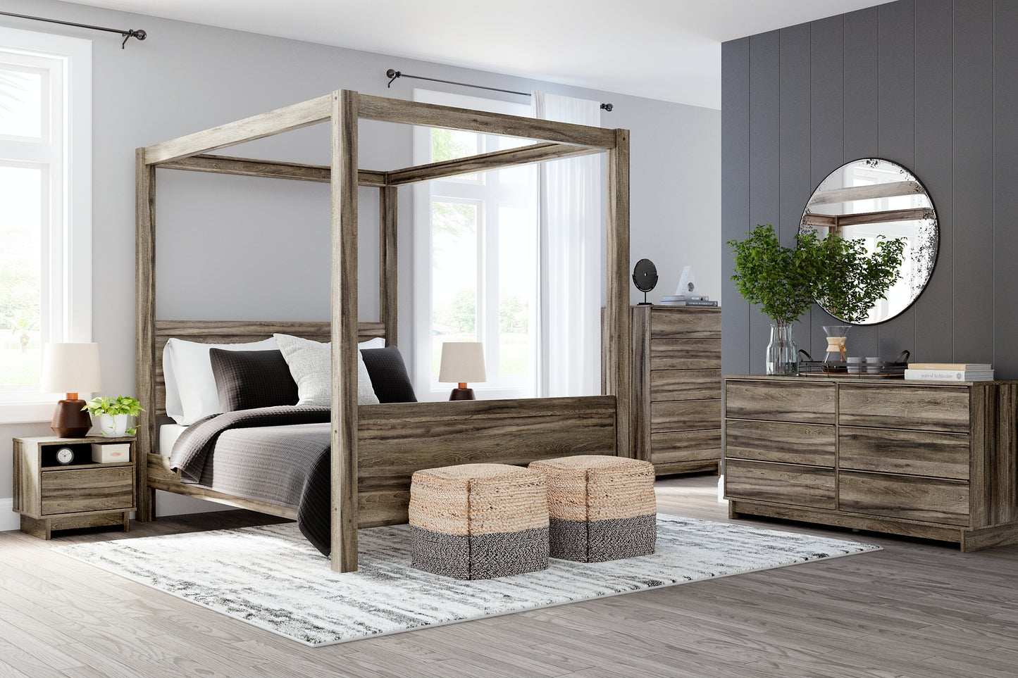 Shallifer Queen Canopy Bed with Dresser, Chest and Nightstand