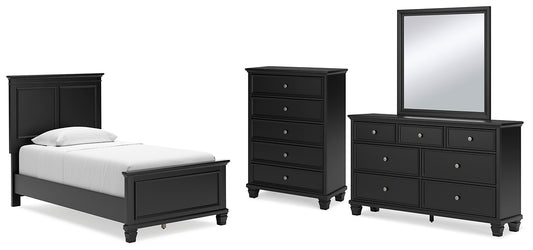 Lanolee Twin Panel Bed with Mirrored Dresser and Chest