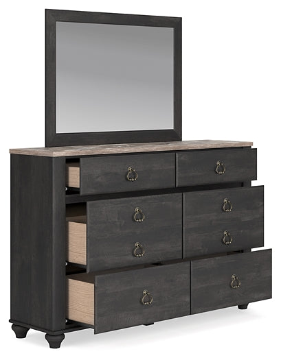 Nanforth Queen Panel Headboard with Mirrored Dresser, Chest and Nightstand