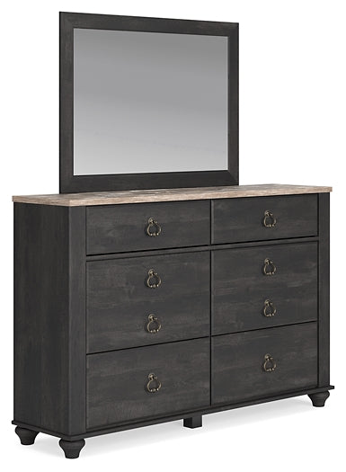 Nanforth Queen Panel Bed with Mirrored Dresser and Chest