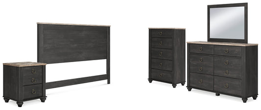 Nanforth King/California King Panel Headboard with Mirrored Dresser, Chest and Nightstand