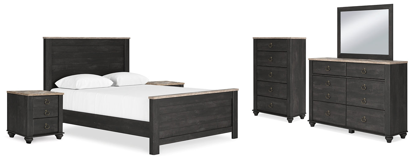 Nanforth Queen Panel Bed with Mirrored Dresser, Chest and 2 Nightstands