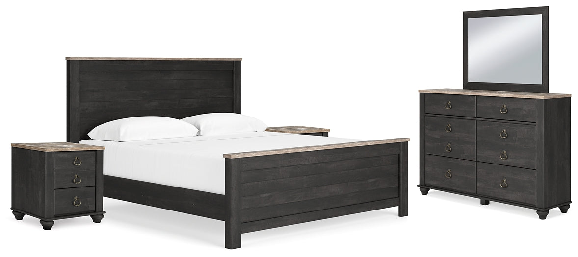 Nanforth King Panel Bed with Mirrored Dresser and 2 Nightstands