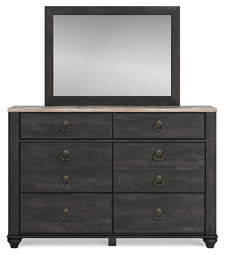 Nanforth King Panel Bed with Mirrored Dresser, Chest and 2 Nightstands