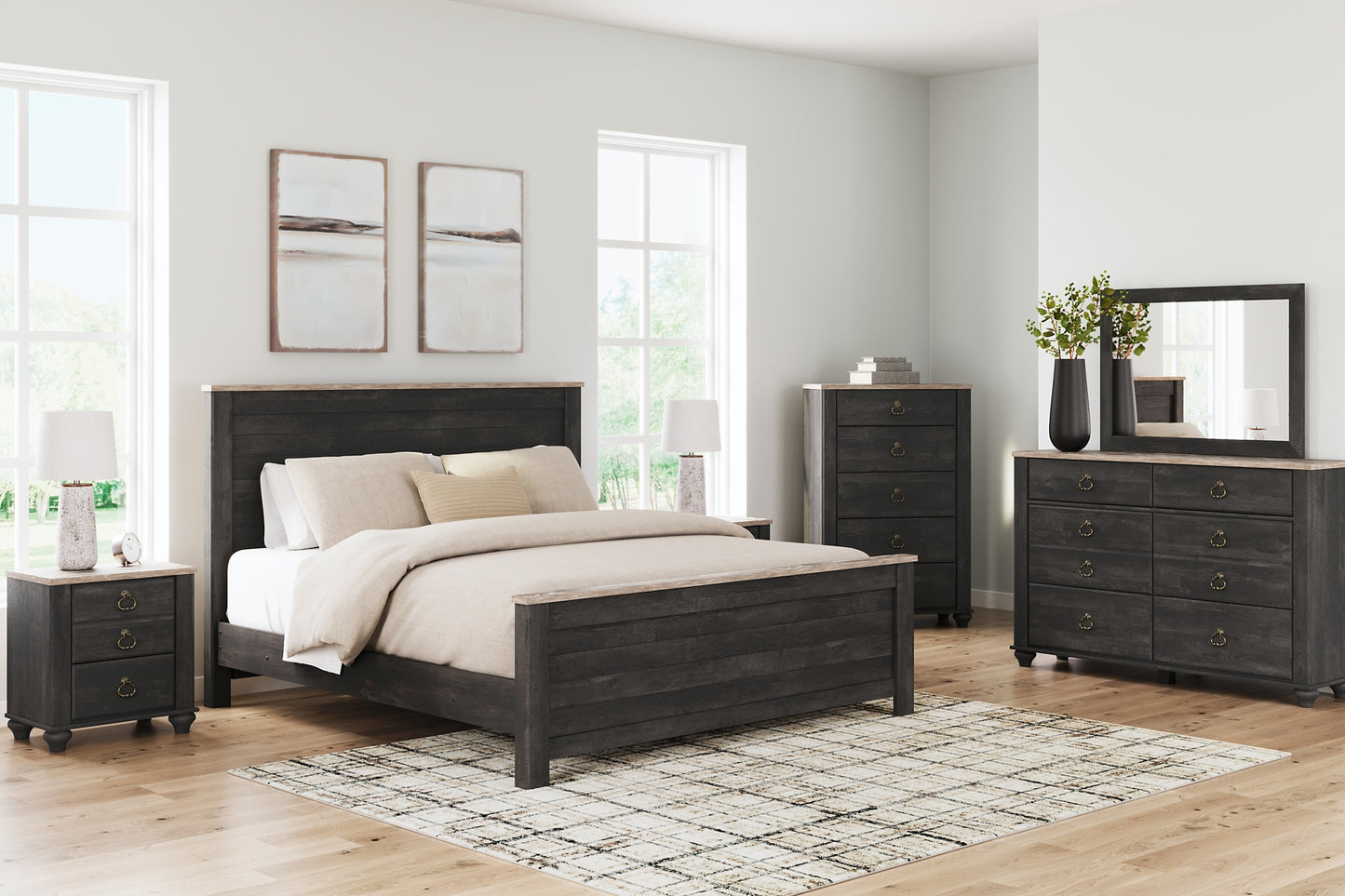 Nanforth King Panel Bed with Mirrored Dresser, Chest and 2 Nightstands