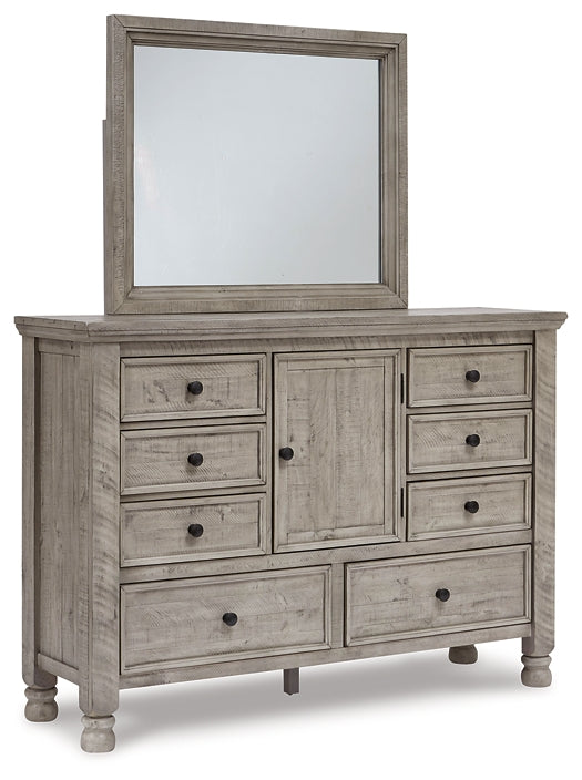 Harrastone King Panel Bed with Mirrored Dresser, Chest and Nightstand