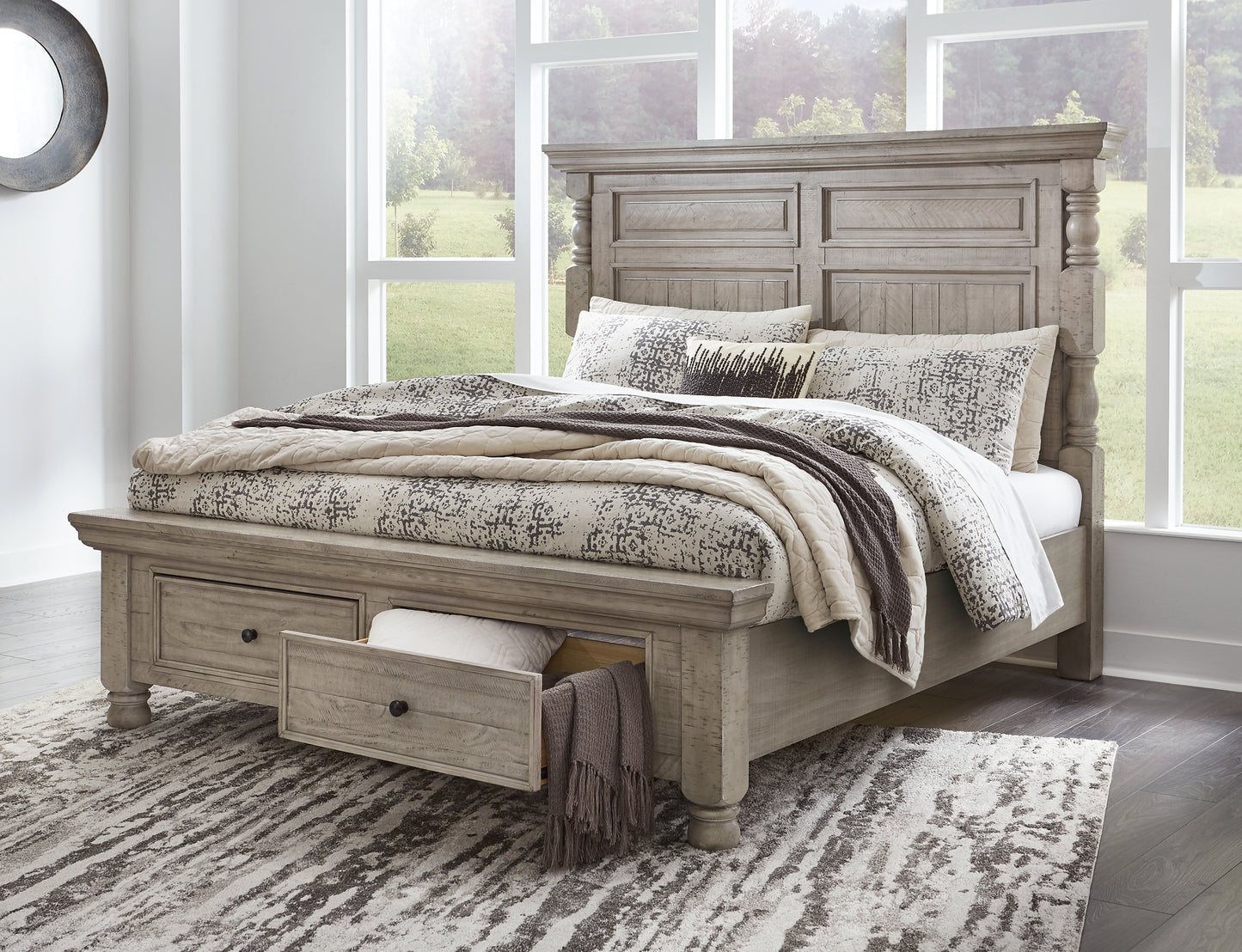 Harrastone California King Panel Bed with Mirrored Dresser and Chest