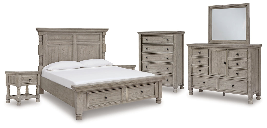 Harrastone California King Panel Bed with Mirrored Dresser, Chest and 2 Nightstands