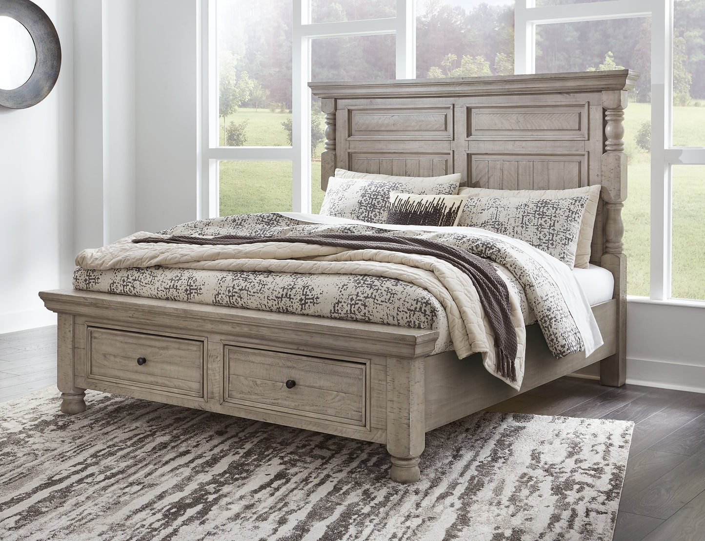 Harrastone California King Panel Bed with Mirrored Dresser, Chest and 2 Nightstands