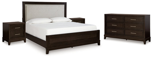 Neymorton Queen Upholstered Panel Bed with Dresser and 2 Nightstands