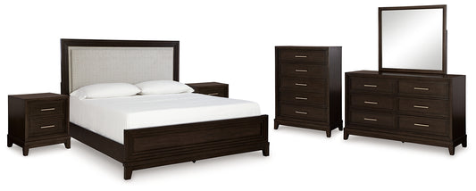 Neymorton Queen Upholstered Panel Bed with Mirrored Dresser, Chest and 2 Nightstands