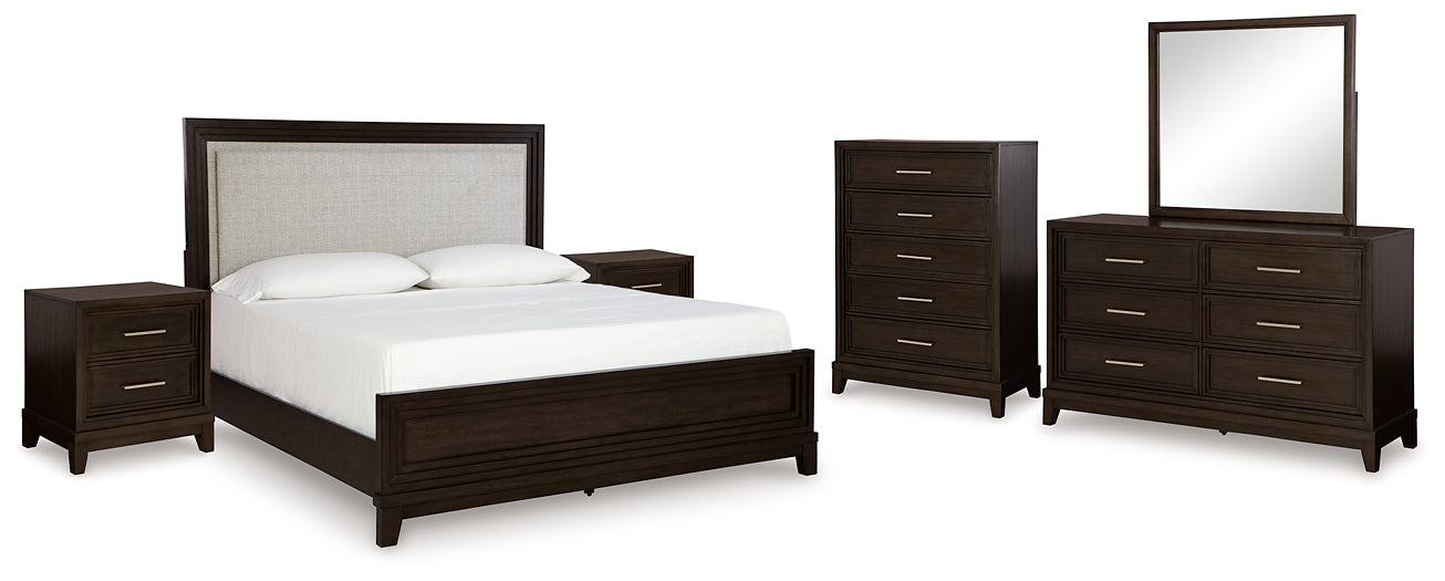 Neymorton California King Upholstered Panel Bed with Mirrored Dresser, Chest and 2 Nightstands