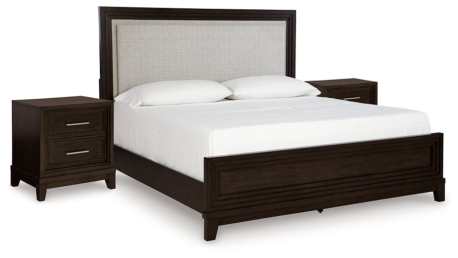 Neymorton Queen Upholstered Panel Bed with 2 Nightstands