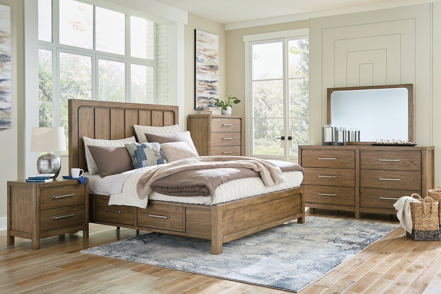 Cabalynn California King Panel Bed with Storage with Mirrored Dresser