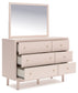 Wistenpine Full Upholstered Panel Headboard with Mirrored Dresser, Chest and Nightstand